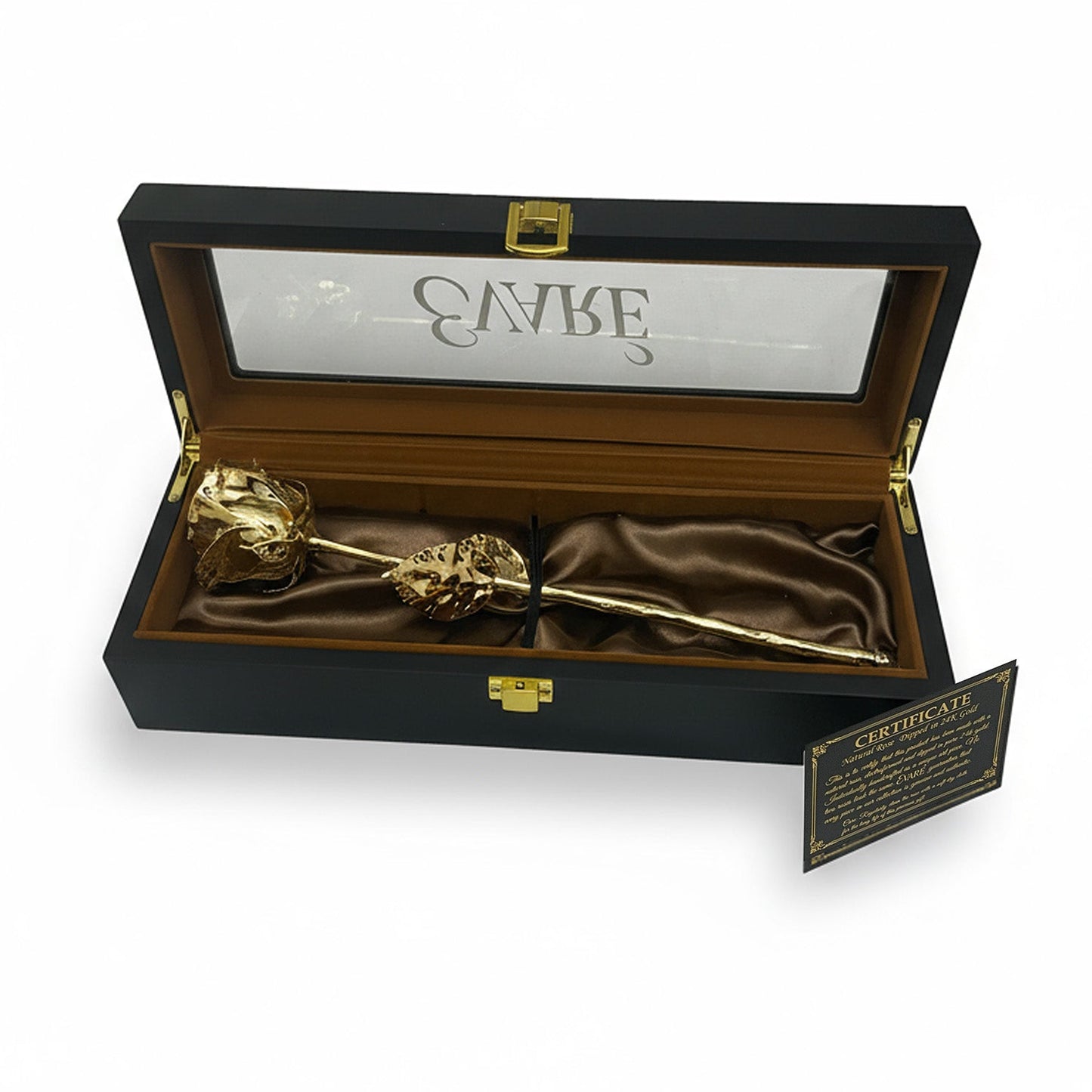 24K Gold Dipped Natural Rose 11.5" - Onyx Wooden Box