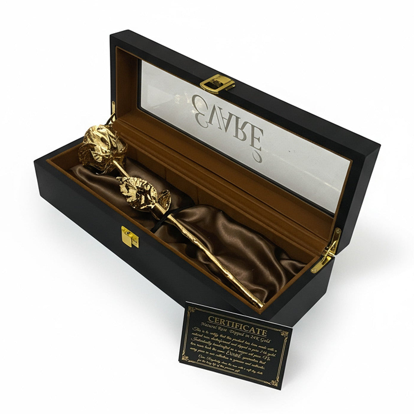 24K Gold Dipped Natural Rose 11.5" - Onyx Wooden Box