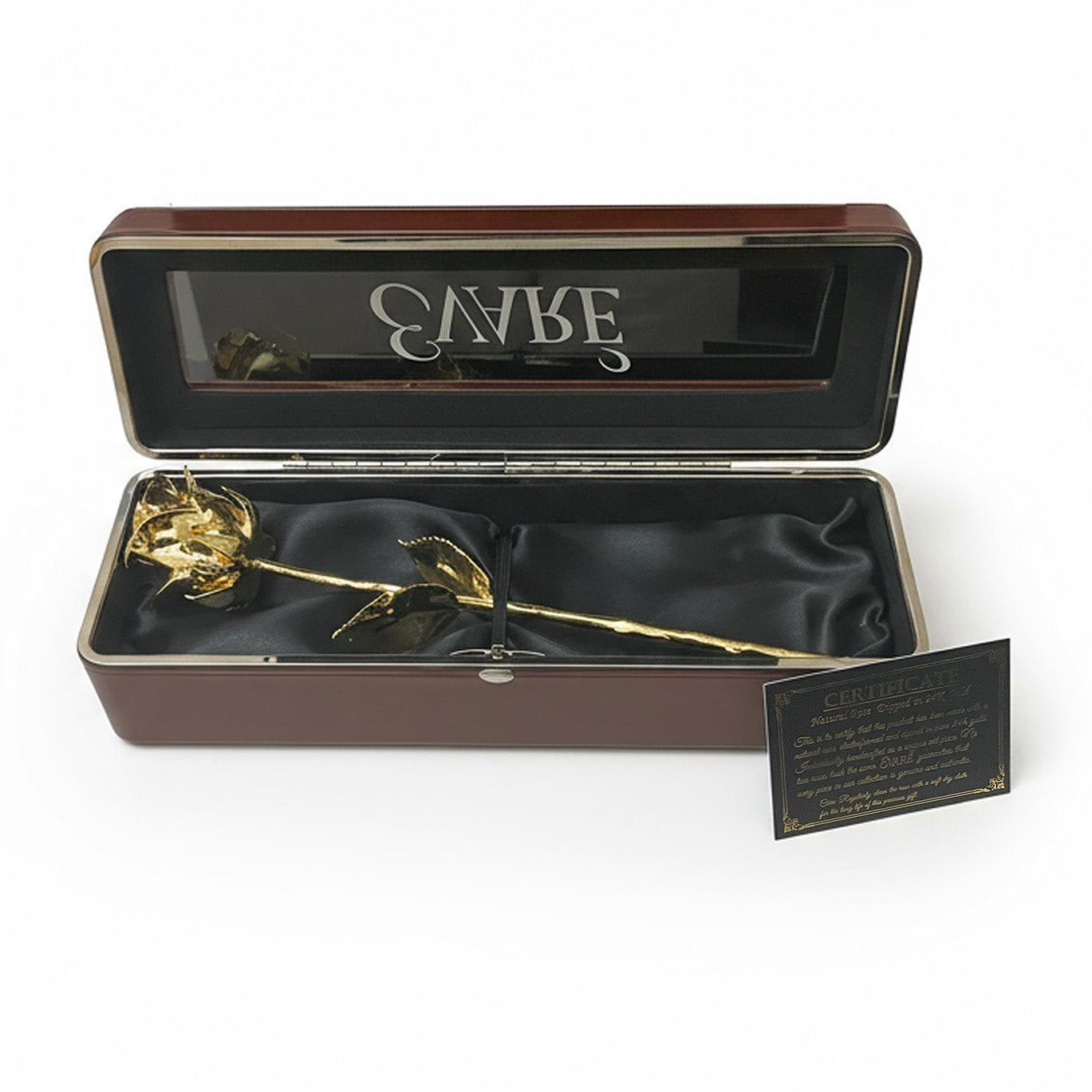 24K Gold Dipped Natural Rose 11.5" - Brown Leather Box