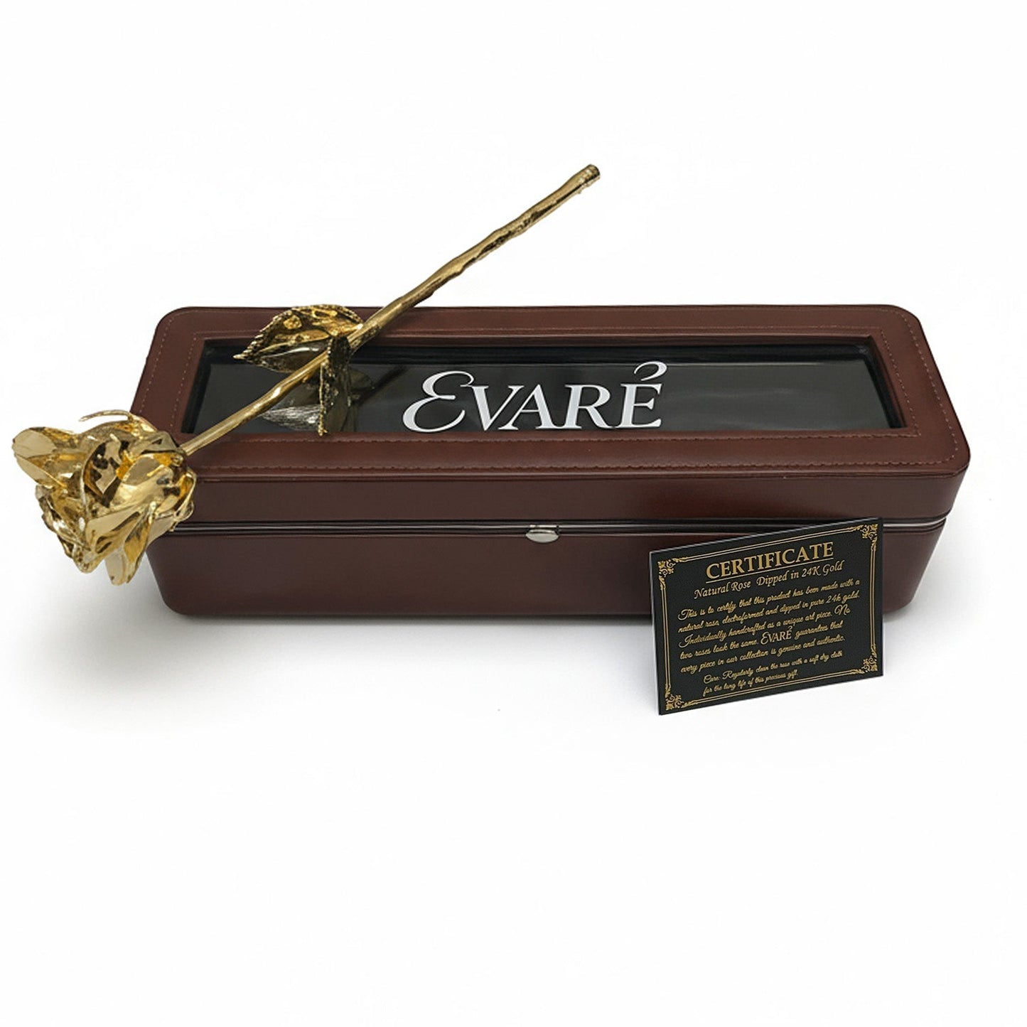 24K Gold Dipped Natural Rose 11.5" - Brown Leather Box