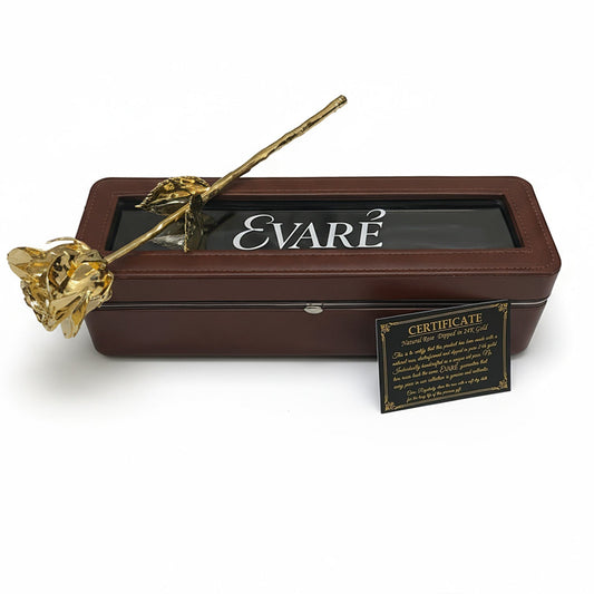 24K Gold Dipped Natural Rose 11.5" - Brown Leather Box
