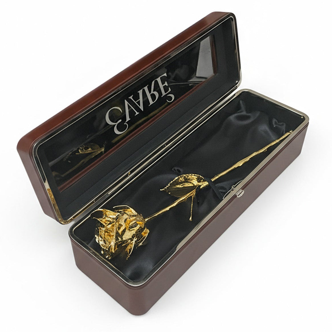 24K Gold Dipped Natural Rose 11.5" - Brown Leather Box