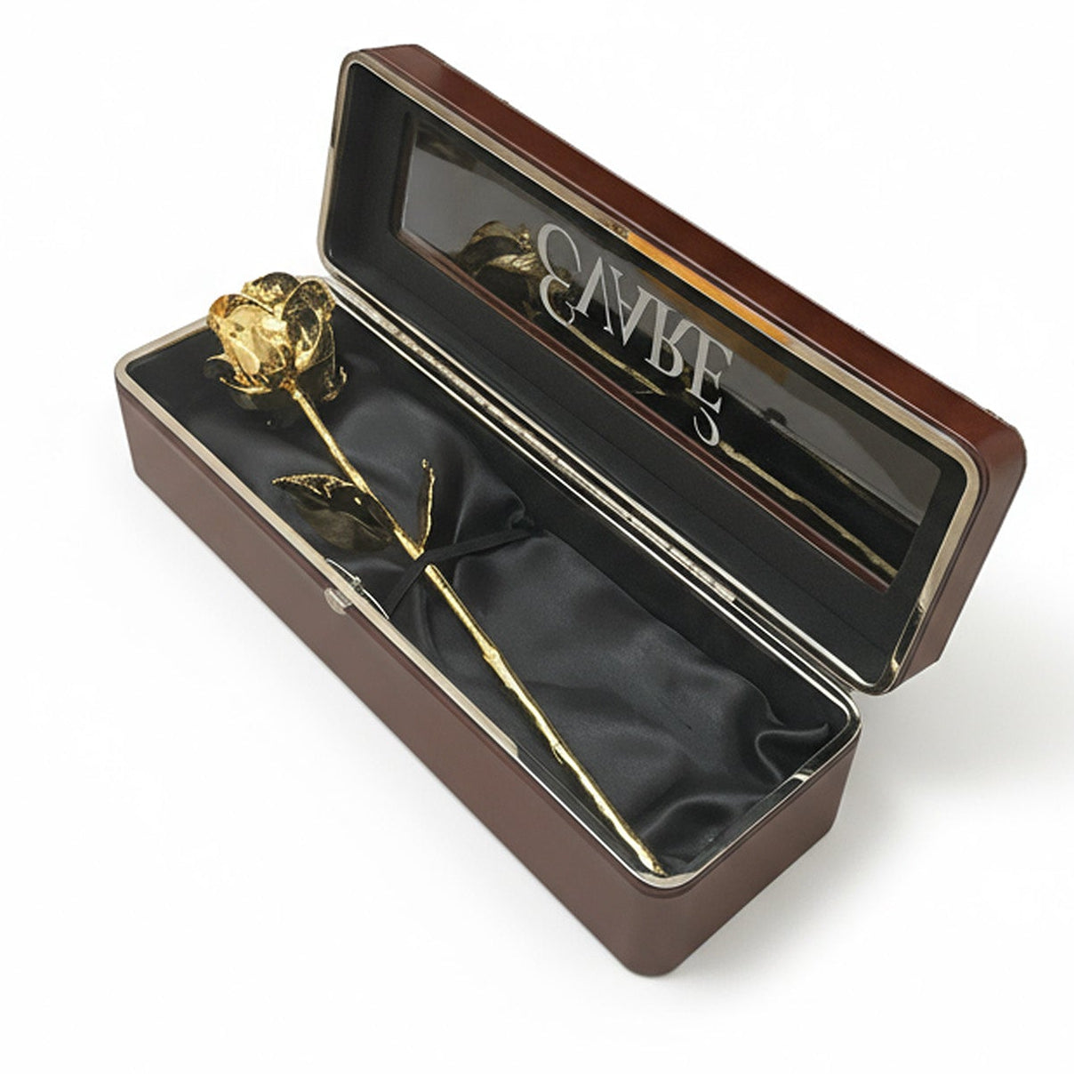 24K Gold Dipped Natural Rose 11.5" - Brown Leather Box