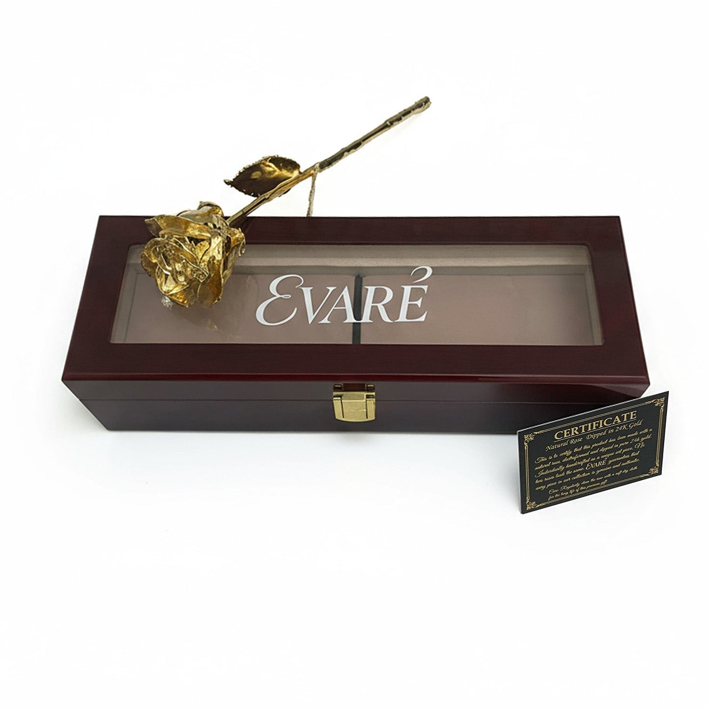 24K Gold Dipped Natural Rose 11.5" - Mahogony Box