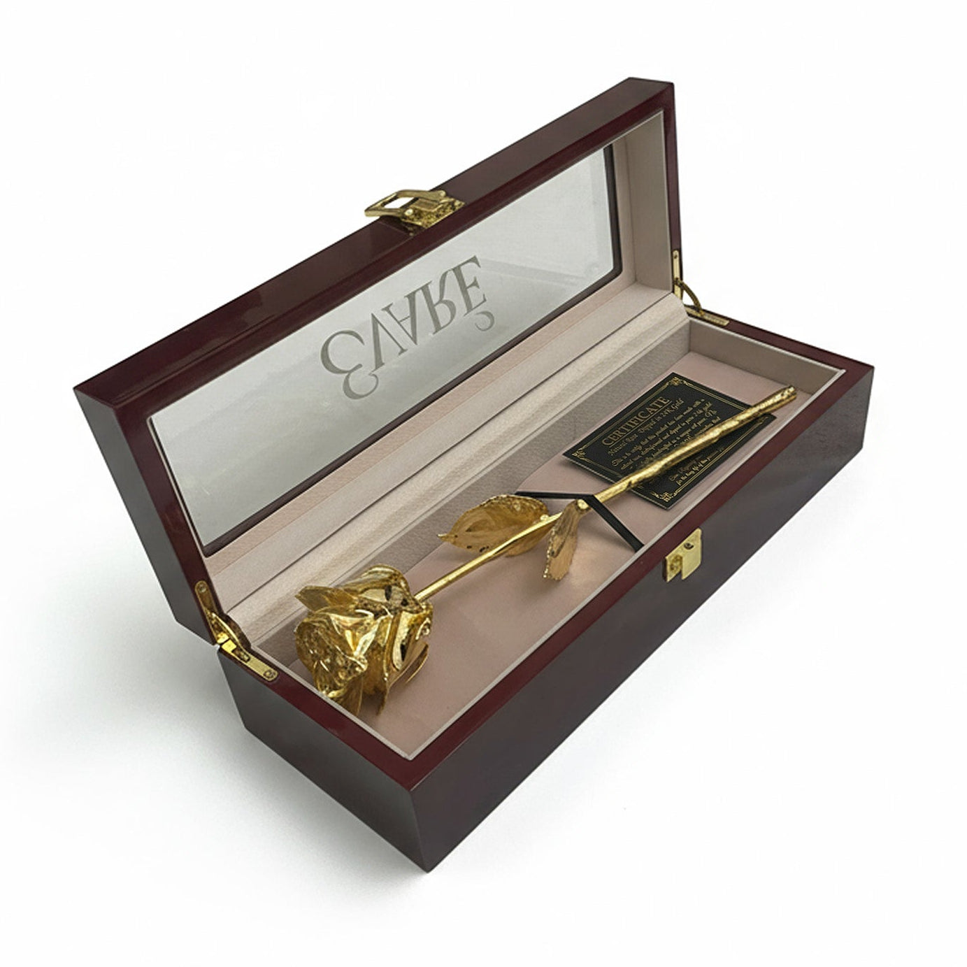 24K Gold Dipped Natural Rose 11.5" - Mahogony Box