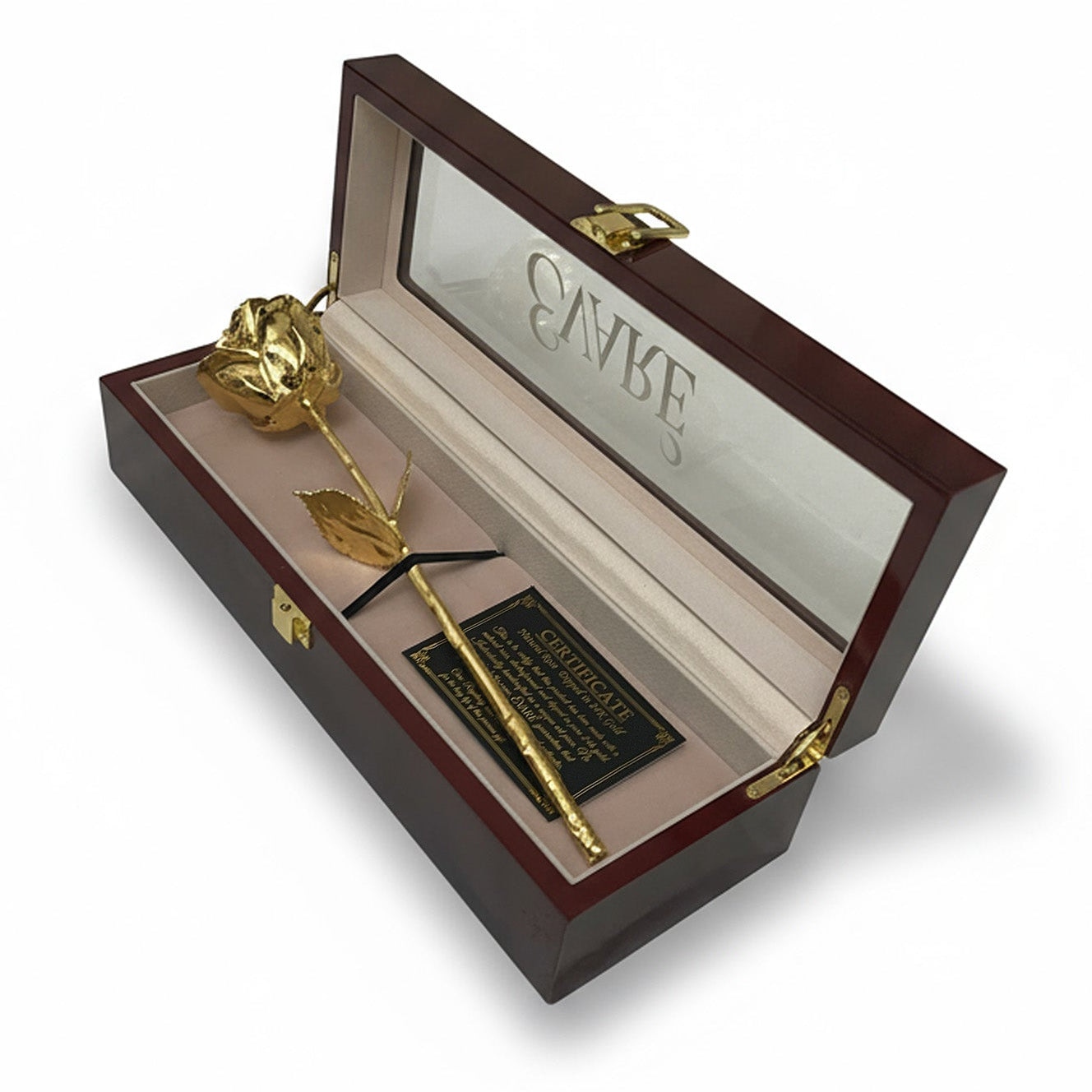 24K Gold Dipped Natural Rose 11.5" - Mahogony Box